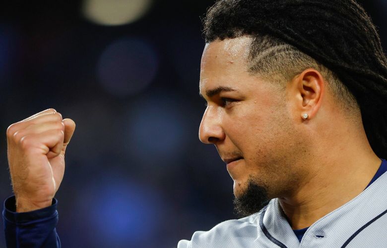 Mariners starting pitcher Luis Castillo reacts as the Seattle Mariners play the Toronto Blue Jays in the American League Wild Card Game Friday, Oct. 7, 2022 at Rogers Centre, in Toronto, Ontario, Canada.
221776